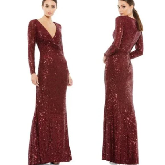 MAC DUGGAL 26574 SEQUINED FAUX WRAP LONG SLEEVE WINE COLUMN GOWN sz 12